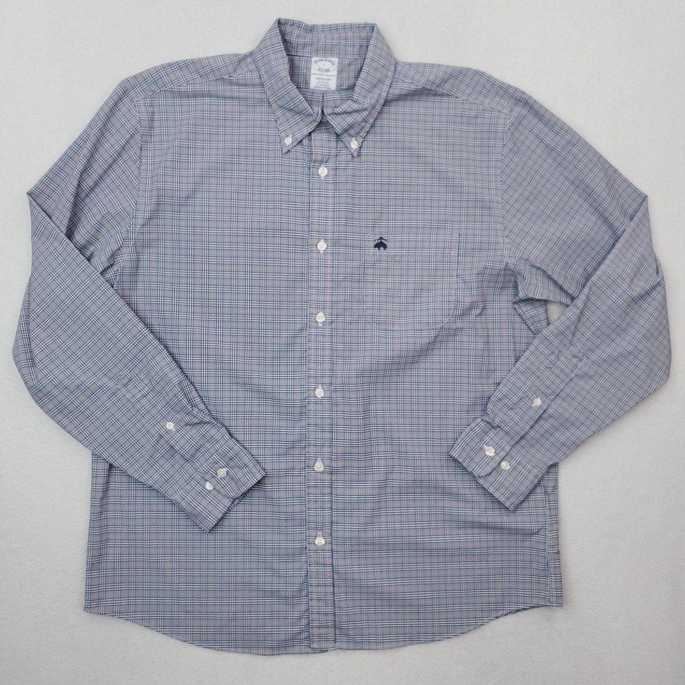 Brooks Brothers Shirt Men Large Blue Plaid Nylon Button Down Long Sleeve Stretch